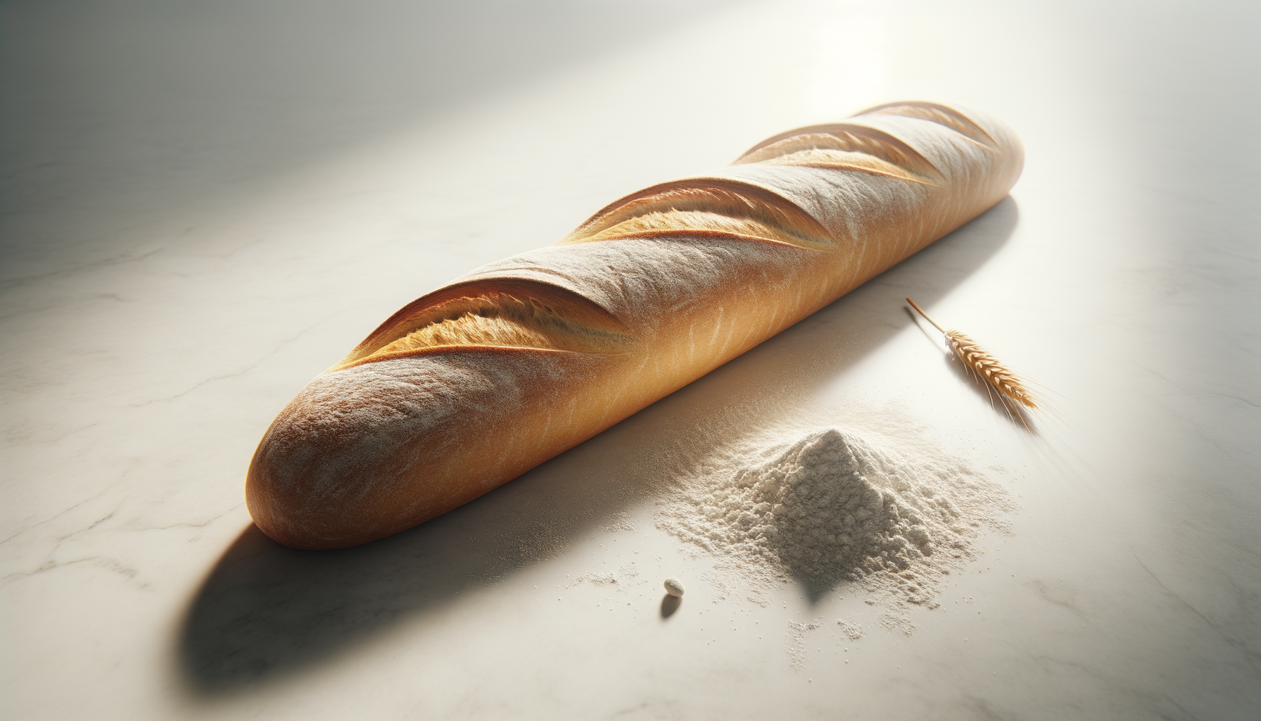 Fresh baguette bread with a wheat stalk and a small pile of flour on a light marble surface.