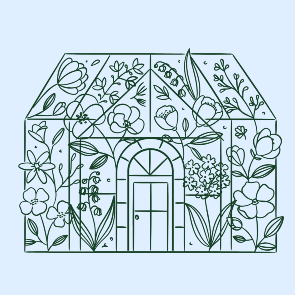 Line drawing of a greenhouse with various flowers and plants on it, in front of a light blue background.