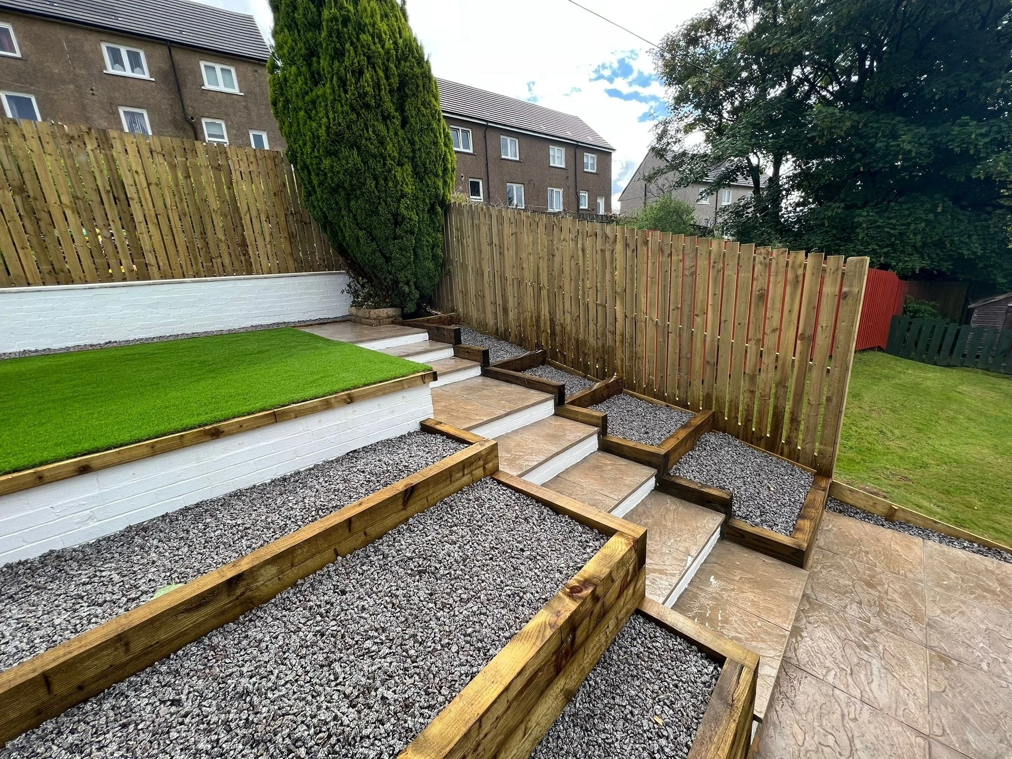 Backyard with new stepped landscaping featuring wooden borders, gravel beds, a small section of artificial grass, and a white brick wall. There is a large tree and a wooden fence in the background.