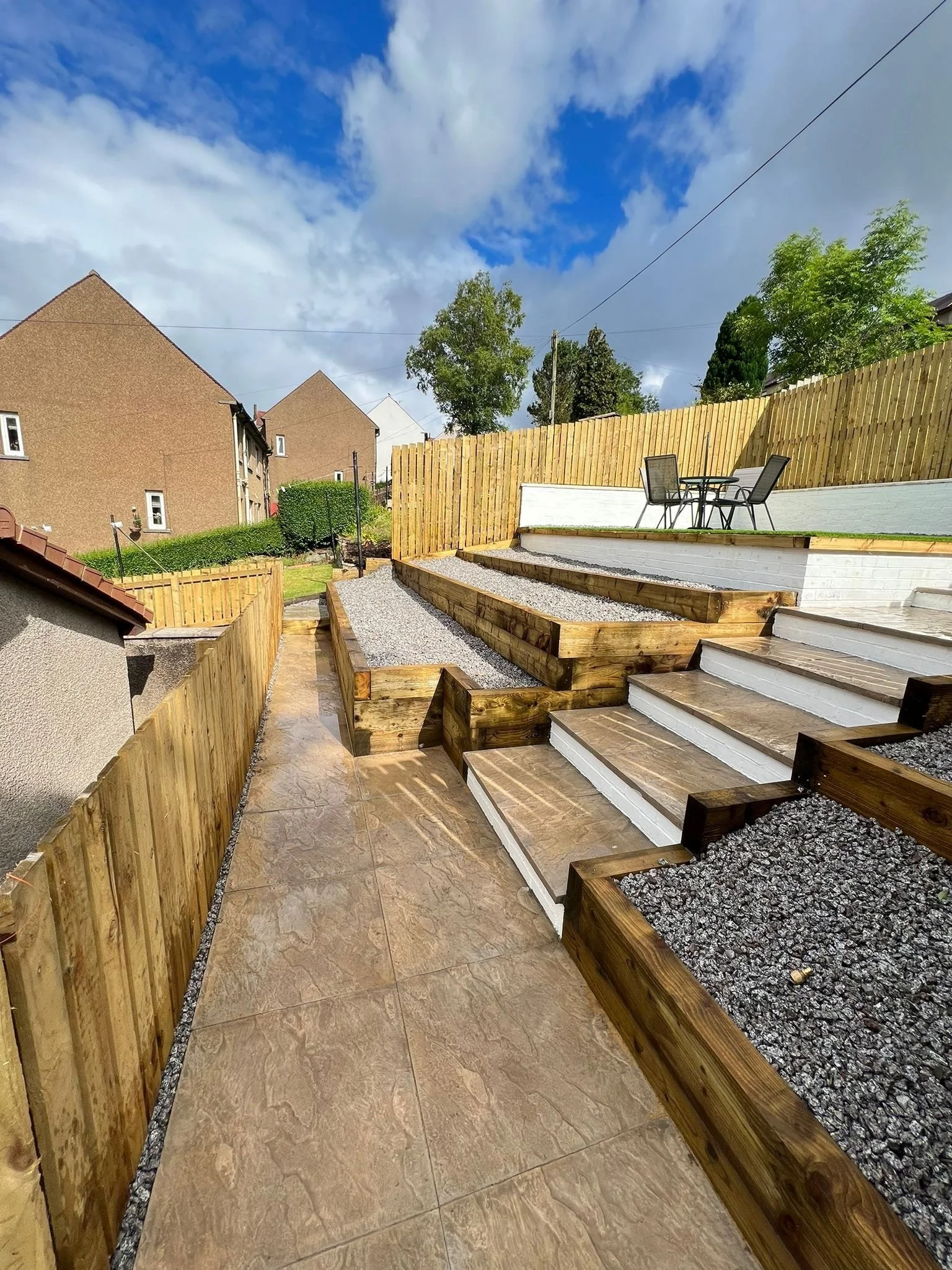 A backyard with newly built wooden tiered garden beds, gravel pathways, and stairs leading to a seating area with a round table and two chairs. The yard is enclosed by a wooden fence with houses and trees in the background under a partly cloudy blue 