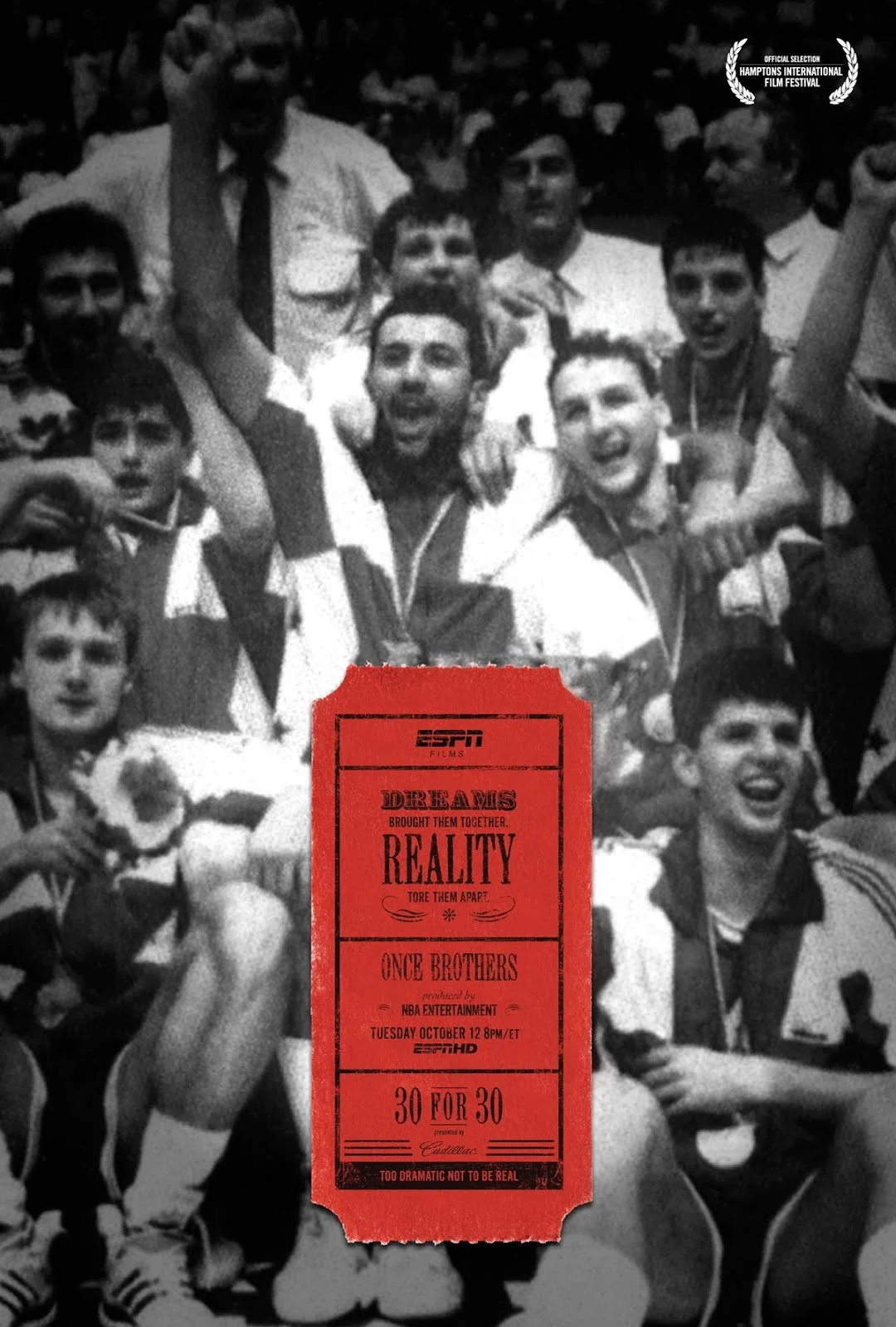 Black and white photo of a soccer team celebrating, with a red ticket overlay promoting an ESPN documentary about the team, titled "Dreams Brought Them Together. Reality Tore Them Apart. Once Brothers," airing October 12.