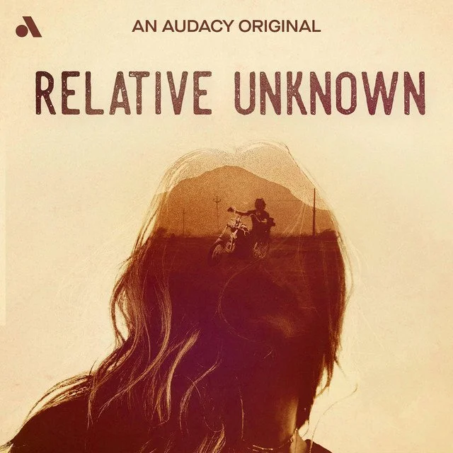 Book cover titled 'Relative Unknown' with a silhouette of a woman with long hair, and a double exposure of a person riding a motorcycle on a road at sunset.