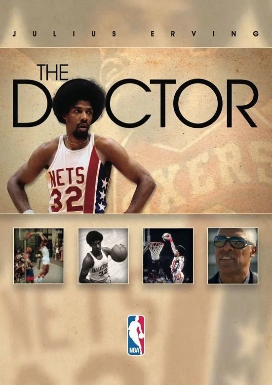 Poster for the TV series 'The Doctor' featuring a man with an afro hairstyle wearing a basketball jersey with the number 32 and 'NETS' on it. There are four smaller images below the main poster showing scenes of a man playing basketball, a woman shooting a basketball, and a man wearing sunglasses. The NBA logo is at the bottom.