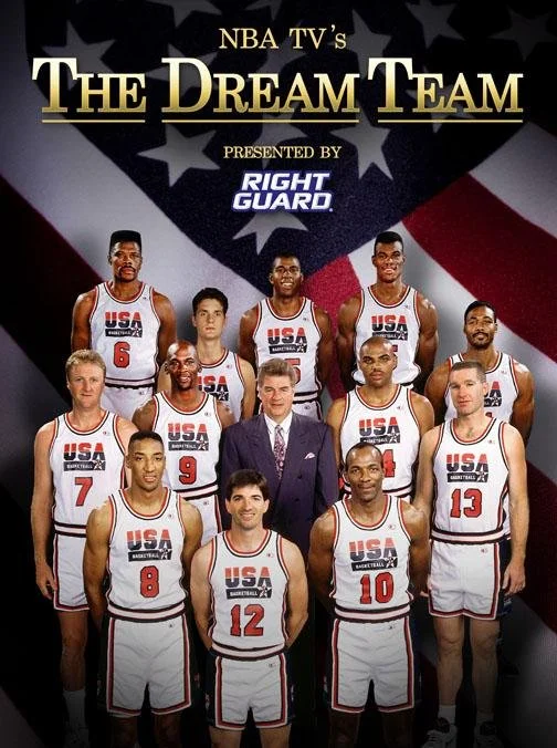 Poster of the NBA's 'The Dream Team' with ten USA basketball players in uniform, and a man in a suit, in front of an American flag background, promoting a TV show presented by Right Guard.