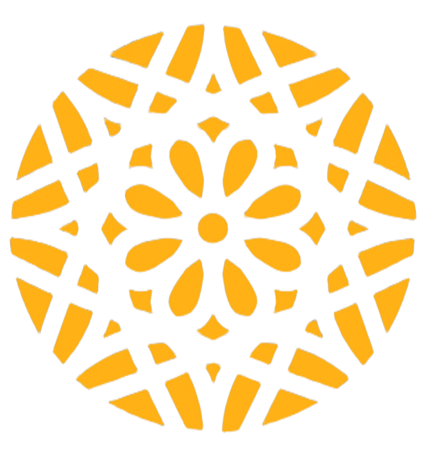 A decorative circular pattern with orange and black design elements, resembling a stylized floral or mandala pattern.