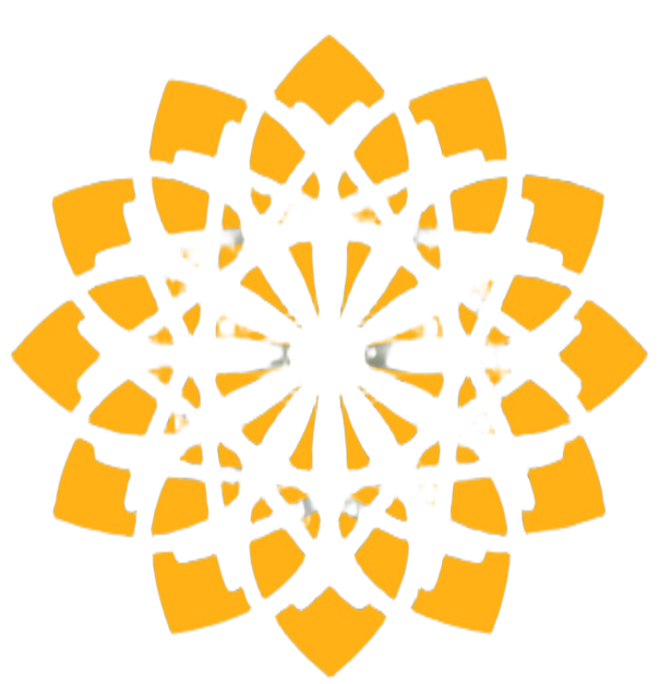 A symmetrical black and orange geometric pattern on a black background resembling a mandala or ornate flower design.