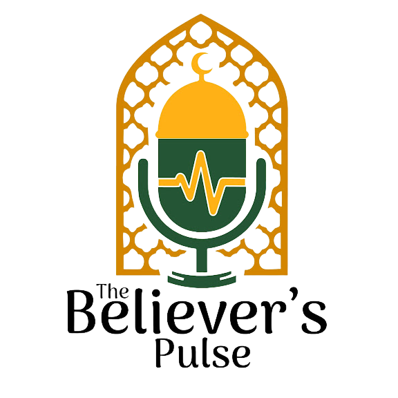 Logo featuring a stylized microphone with a heart rate line inside, set inside an ornate gold and teal frame, with the text "The Believer's Pulse" below.