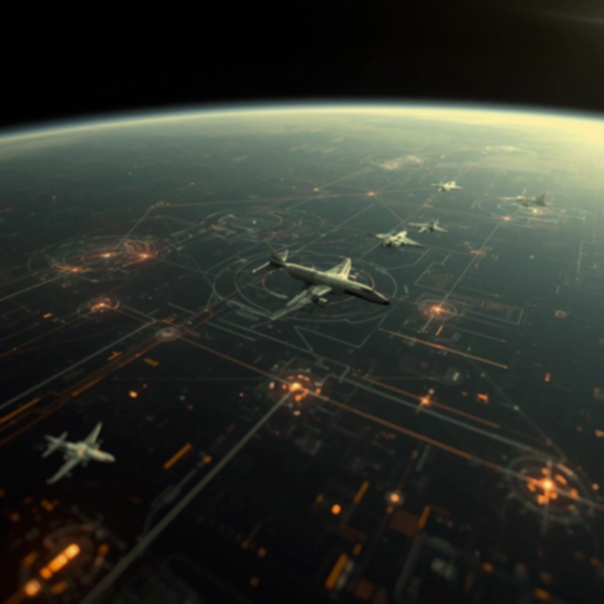 View from space showing multiple military aircraft flying over a city at night with a network of lights and roads visible below.
