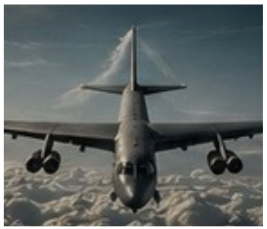 Military fighter jet flying above the clouds with a clear sky in the background.