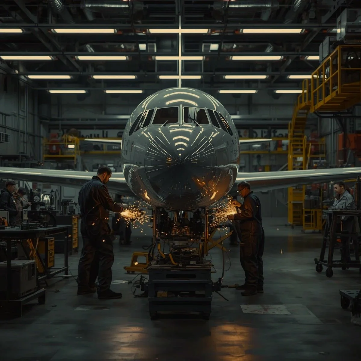 Workers welding parts of an airplane in an aircraft manufacturing hangar, with sparks flying and machinery around.