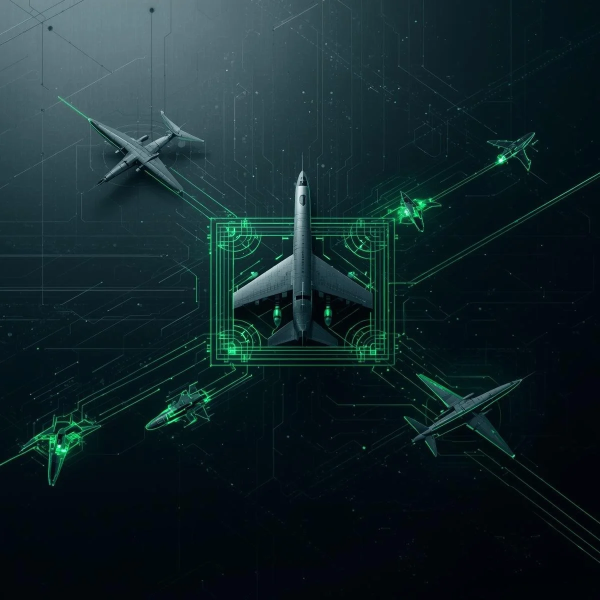 Digital illustration of fighter jets with green digital overlays and circuitry patterns.