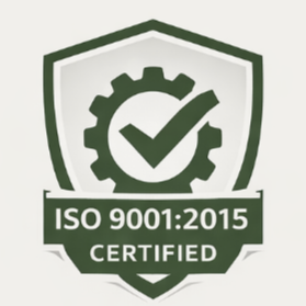 A certification badge with a shield shape, featuring a gear and checkmark, indicating ISO 9001:2015 certification.