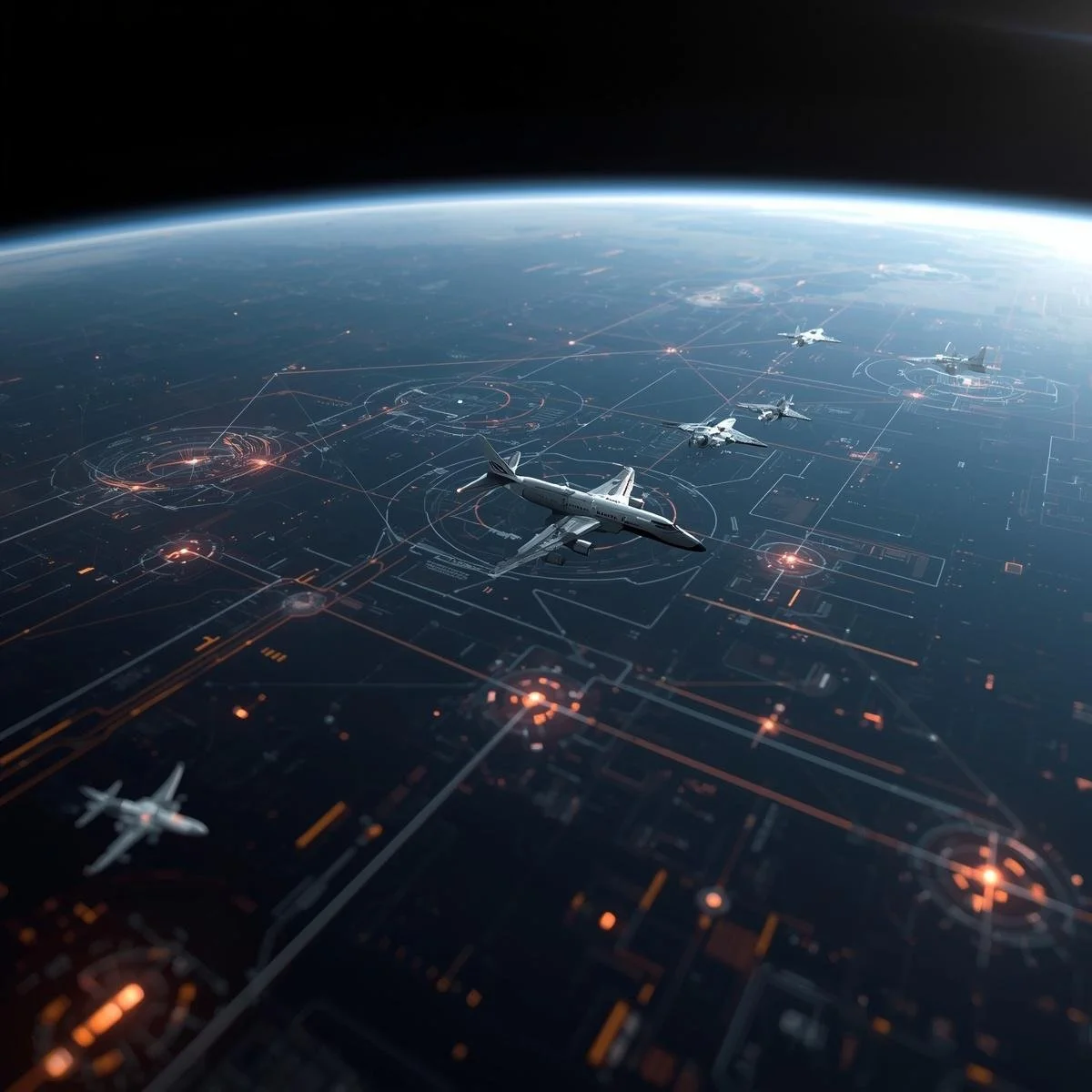 Digital illustration of multiple airplanes flying over Earth with futuristic holographic data and navigation overlays.