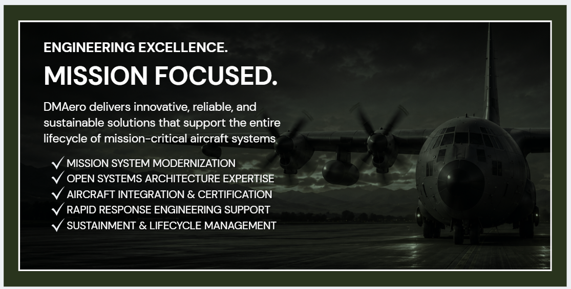 A military airplane on a runway at dusk with dark clouds overhead, overlaid with text promoting engineering excellence, mission focus, and aircraft system solutions.