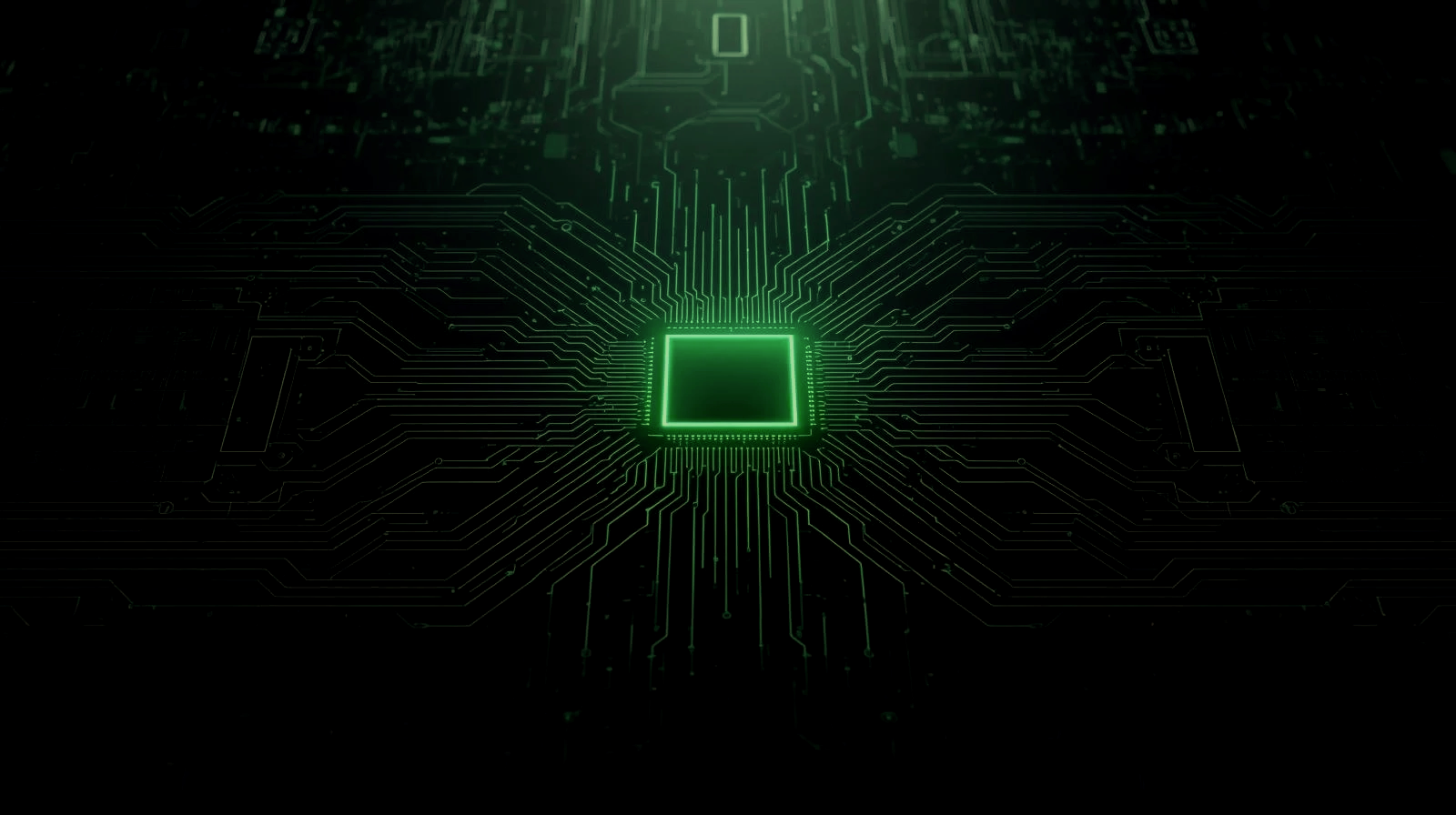Green glowing microchip with circuit lines radiating outward on a dark background.