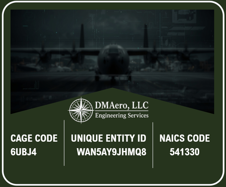 Cargo identification label for an aircraft from DMAero, LLC. It includes a cage code, a unique entity ID, and a NAICS code.