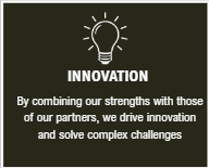 A dark green background with a light bulb icon and the word 'INNOVATION'; below, a message about combining our strengths to drive innovation and solve complex challenges.