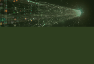 Digital network with glowing data points and lines radiating from a central point