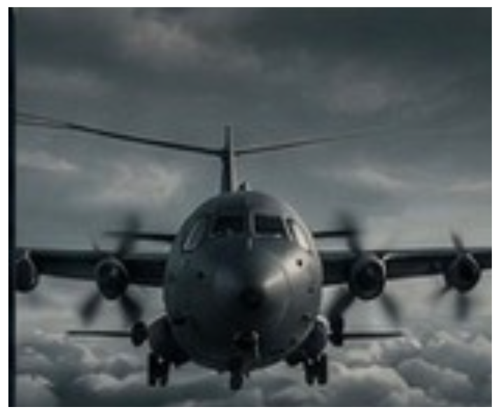 Military cargo plane flying through dark, cloudy sky.