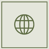 Icon of a globe with grid lines on a light green background.