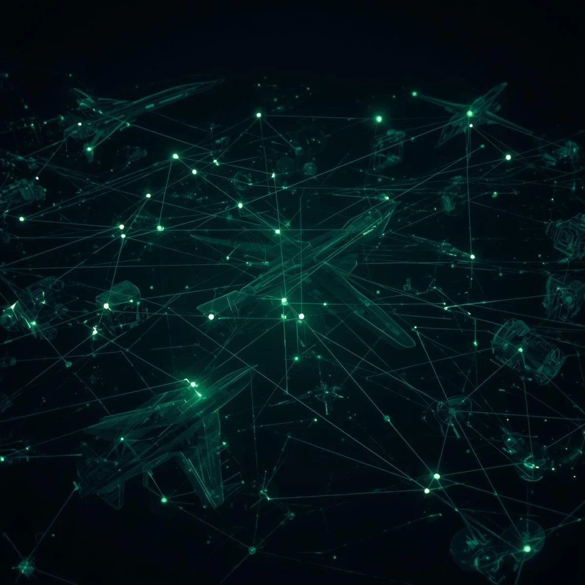 Digital art of interconnected fighter jets and military vehicles with glowing green nodes and lines in a digital network pattern.