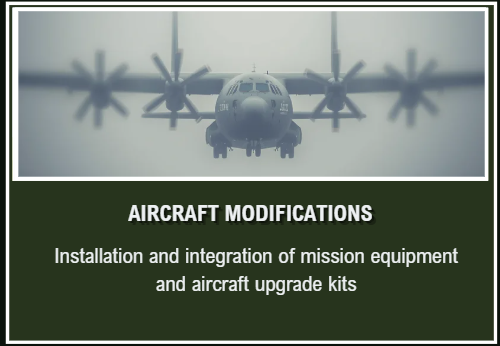 Cover slide for a presentation on aircraft modifications, showing a front view of a large military aircraft with four propeller engines.