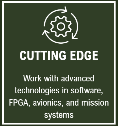 Green sign with white gear icon and circular arrows, reading 'Cutting Edge' and promoting advanced technologies in software, FPGAs, avionics, and mission systems.