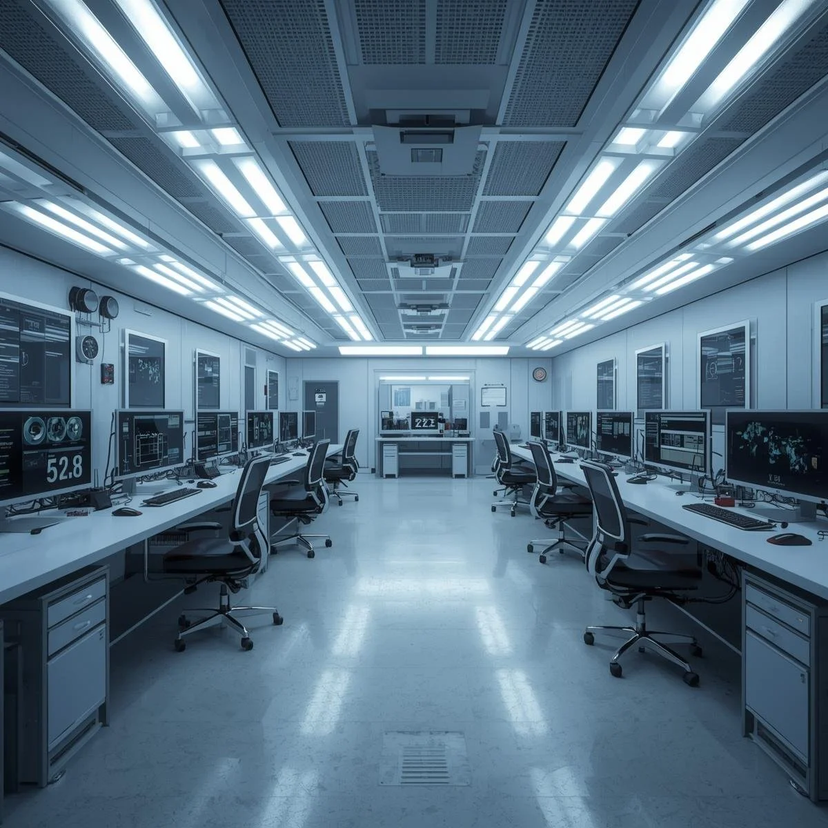 A high-tech control room with multiple computer workstations and large screens on the walls, illuminated by bright overhead lighting in a futuristic setting.