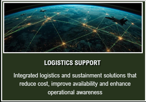 A digital illustration of a satellite orbiting Earth at night with connected glowing lines, overlaid with a green section displaying white text about logistics support and solutions.