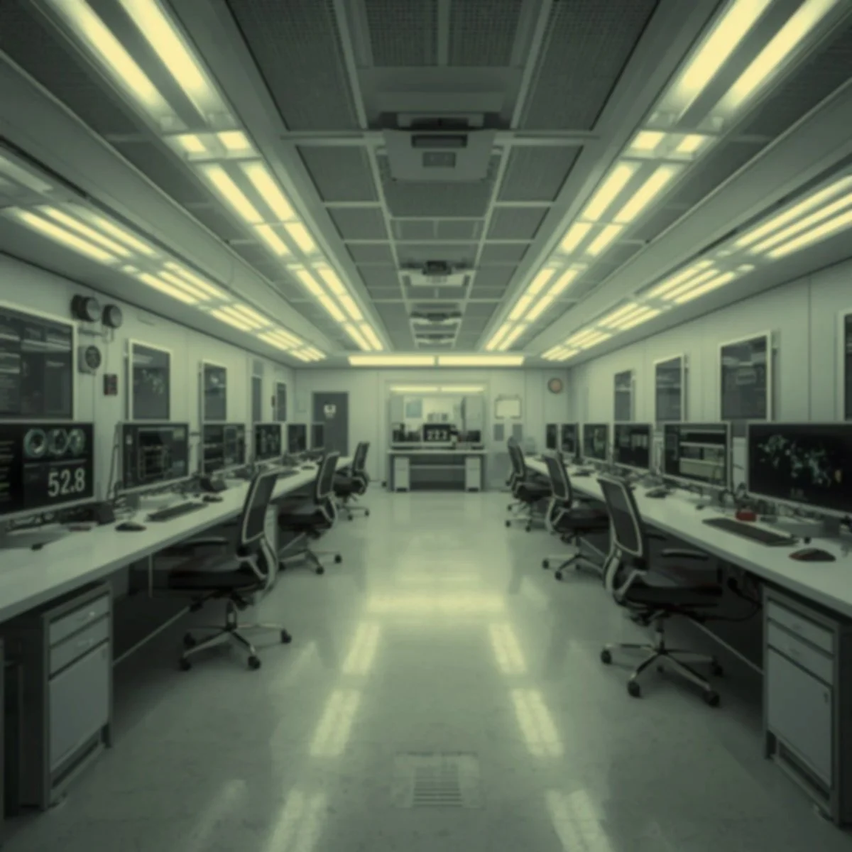 A spacious, modern control room with multiple computer workstations on both sides, each equipped with monitors and chairs, and a central work area at the far end with additional equipment, under fluorescent lighting.