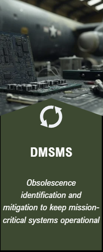 Close-up of electronic circuit boards with military aircraft in the background, overlaid with text about DMSMS for obsolescence management.