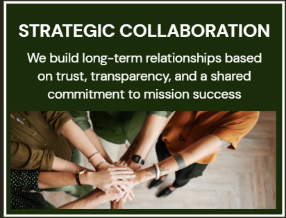 A group of people with their hands stacked together in a show of teamwork, overlaid with a green overlay and the text 'Strategic Collaboration' and mission statement.