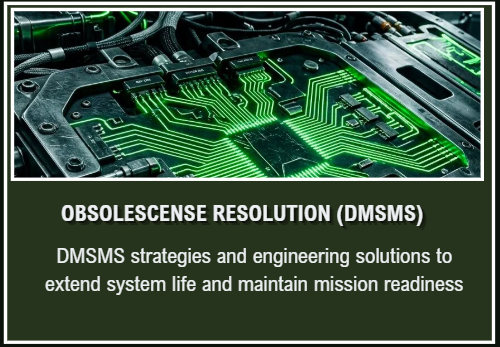 A digital illustration of a futuristic circuit board with glowing green pathways, accompanied by text about obsolescence resolution (DMSMS) and engineering solutions to extend system life.