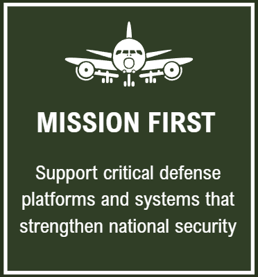 Green sign with white text reading 'Mission First' and a graphic of an aircraft above the text, emphasizing support for national security.