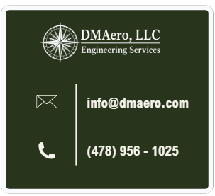Business card for DMAero, LLC with a green background featuring white text. Contains a compass logo, company name, email address info@dmaero.com, and phone number (478) 956-1025, with icons for email and phone.