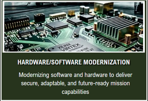 Close-up of a computer motherboard with text about hardware/software modernization and mission capabilities.