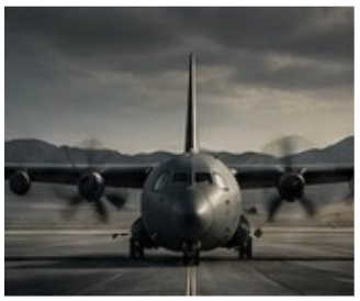 Front view of a large military cargo airplane on a runway with mountains in the background.