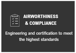 Icon of clipboard with checklist and text 'Airworthiness & Compliance' with a subtext 'Engineering and certification to meet the highest standards'.