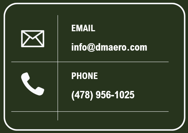 Business card with email address info@dmaero.com and phone number (478) 956-1025, featuring icons of an envelope and a phone on a green background.
