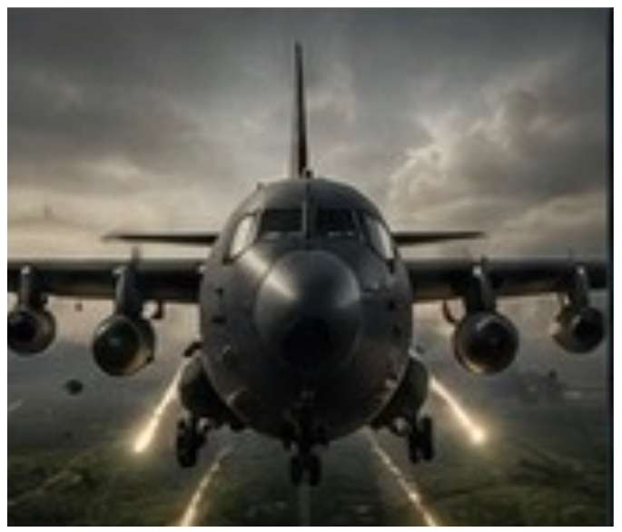 A military aircraft flying just above a runway during cloudy weather, with landing lights and contrails visible.