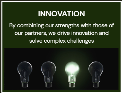 Dark green background with the word 'INNOVATION' in white at the top. Below, white text states, 'By combining our strengths with those of our partners, we drive innovation and solve complex challenges.' Four light bulbs are shown at the bottom, with one illuminated in the center.