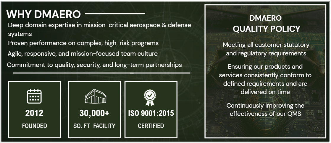 Information board highlighting DMAERO's expertise in aerospace and defense, company history since 2012, a facility larger than 30,000 square feet, and ISO 9001:2015 certification, along with a section on quality policy emphasizing regulatory compliance and continual improvement.