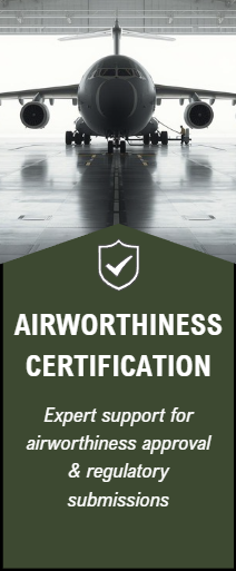 Front view of a large commercial airplane inside an airport hangar with a green banner below reading 'Airworthiness Certification' and supporting text.