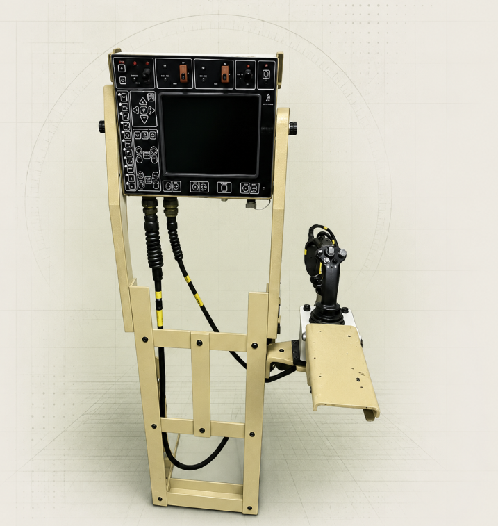 A flight simulator cockpit with a control panel, joystick, and a seat mounted on a beige metal frame.