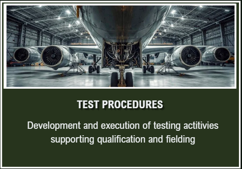 Close-up of a large commercial airplane inside an aircraft hangar, with a green banner below reading 'Test Procedures, Development and execution of testing activities supporting qualification and fielding.'