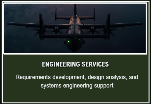 A military drone flying in the dark with green lights visible on its underside, used for engineering services including requirements development and systems engineering support.