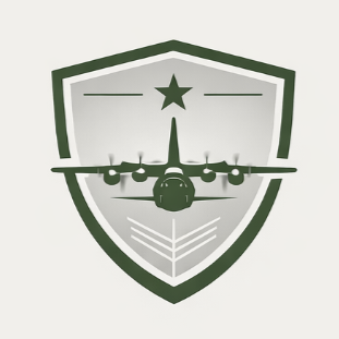 A stylized military patch logo featuring a fighter jet in front of a shield, with a star and lines for design embellishment.