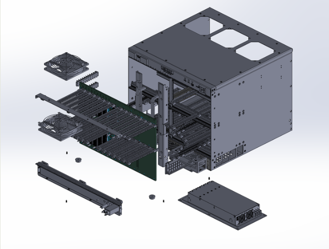 An exploded view of a computer server case with various internal components including cooling fans, power supply unit, and circuit boards.