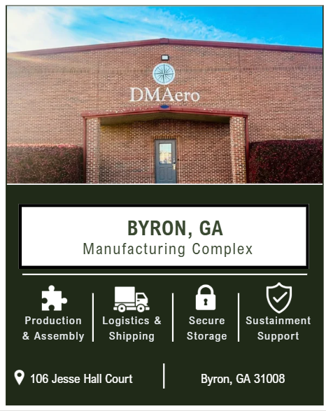Front view of a brick building with a sign reading 'DM Aero' and a logo above it. Below is a flyer for a manufacturing complex in Byron, Georgia, listing services: production & assembly, logistics & shipping, secure storage, and sustainment support. The address is 106 Jesse Hall Court, Byron, GA 31008.