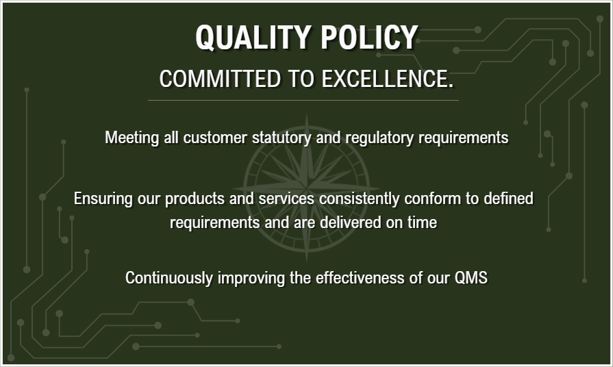 Green background with white text displaying a quality policy statement, including points about customer requirements, product compliance, and QMS improvement, with a circuit-like design.